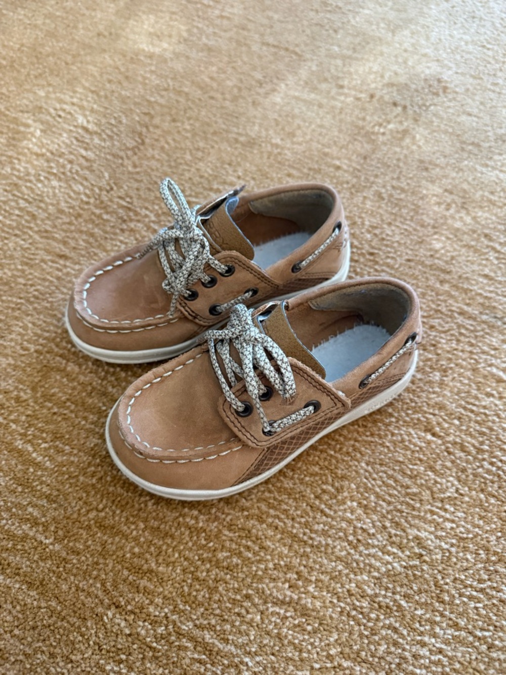 Sperry Kids Tan Boat Shoes with White Stitching and Laces